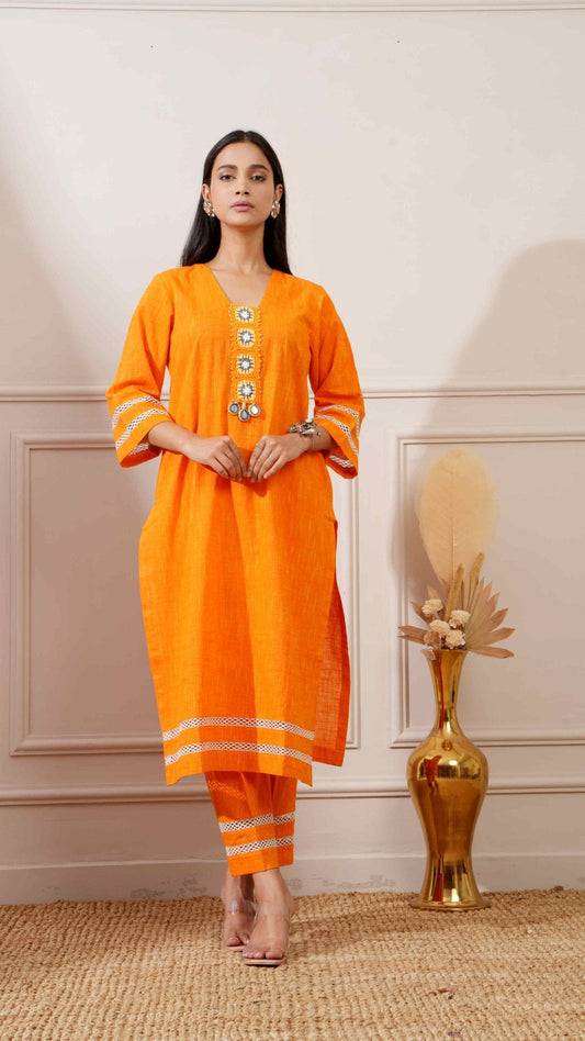 Orange Slub Handloom Cotton Straight Kurta & Pant - Ritivesh By Ritika Aggarwal