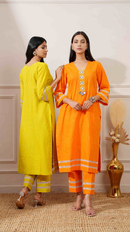 Orange Slub Handloom Cotton Straight Kurta & Pant - Ritivesh By Ritika Aggarwal