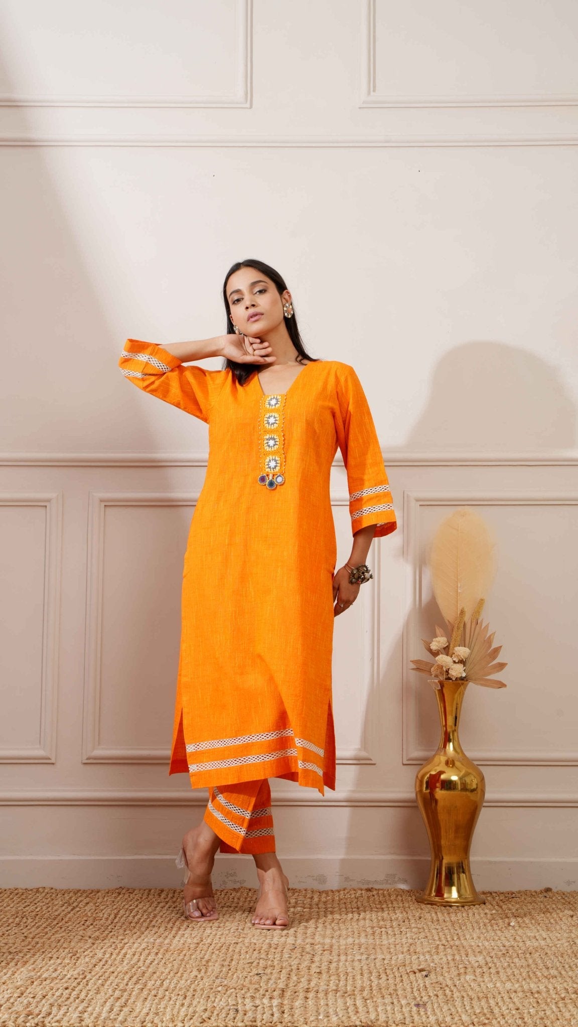 Orange Slub Handloom Cotton Straight Kurta & Pant - Ritivesh By Ritika Aggarwal