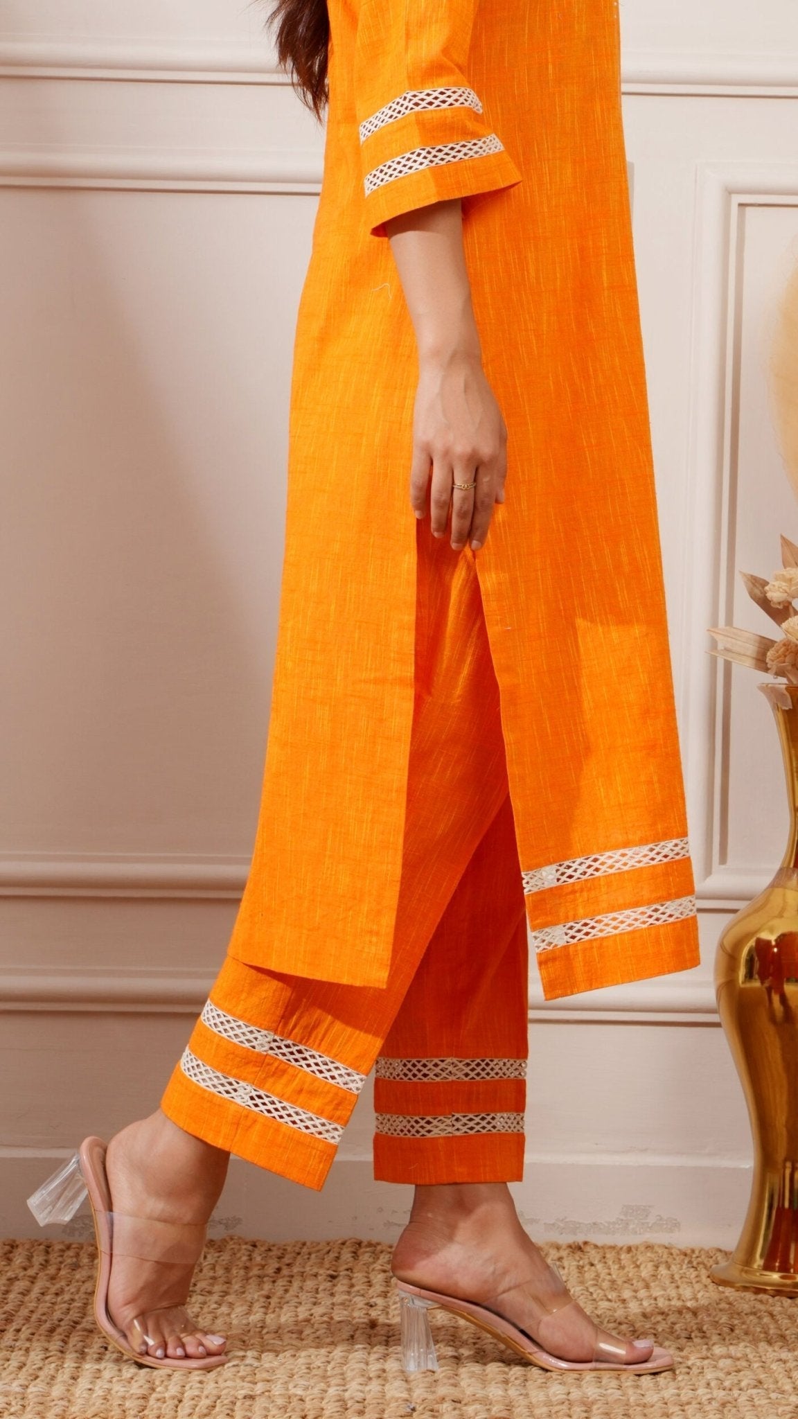 Orange Slub Handloom Cotton Straight Kurta & Pant - Ritivesh By Ritika Aggarwal