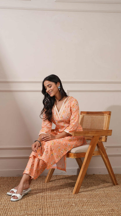 Peach Cotton Floral Digital Straight Kurta with Pant - Ritivesh By Ritika Aggarwal