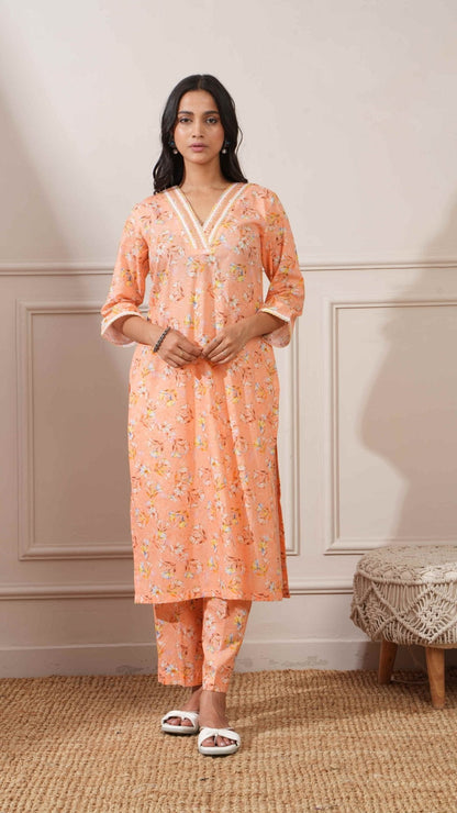 Peach Cotton Floral Digital Straight Kurta with Pant - Ritivesh By Ritika Aggarwal