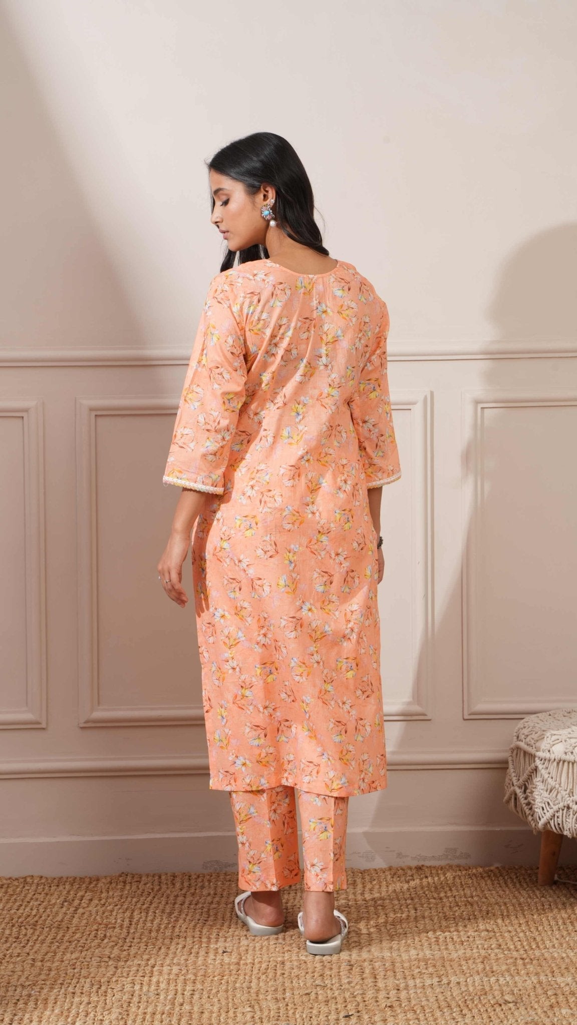 Peach Cotton Floral Digital Straight Kurta with Pant - Ritivesh By Ritika Aggarwal