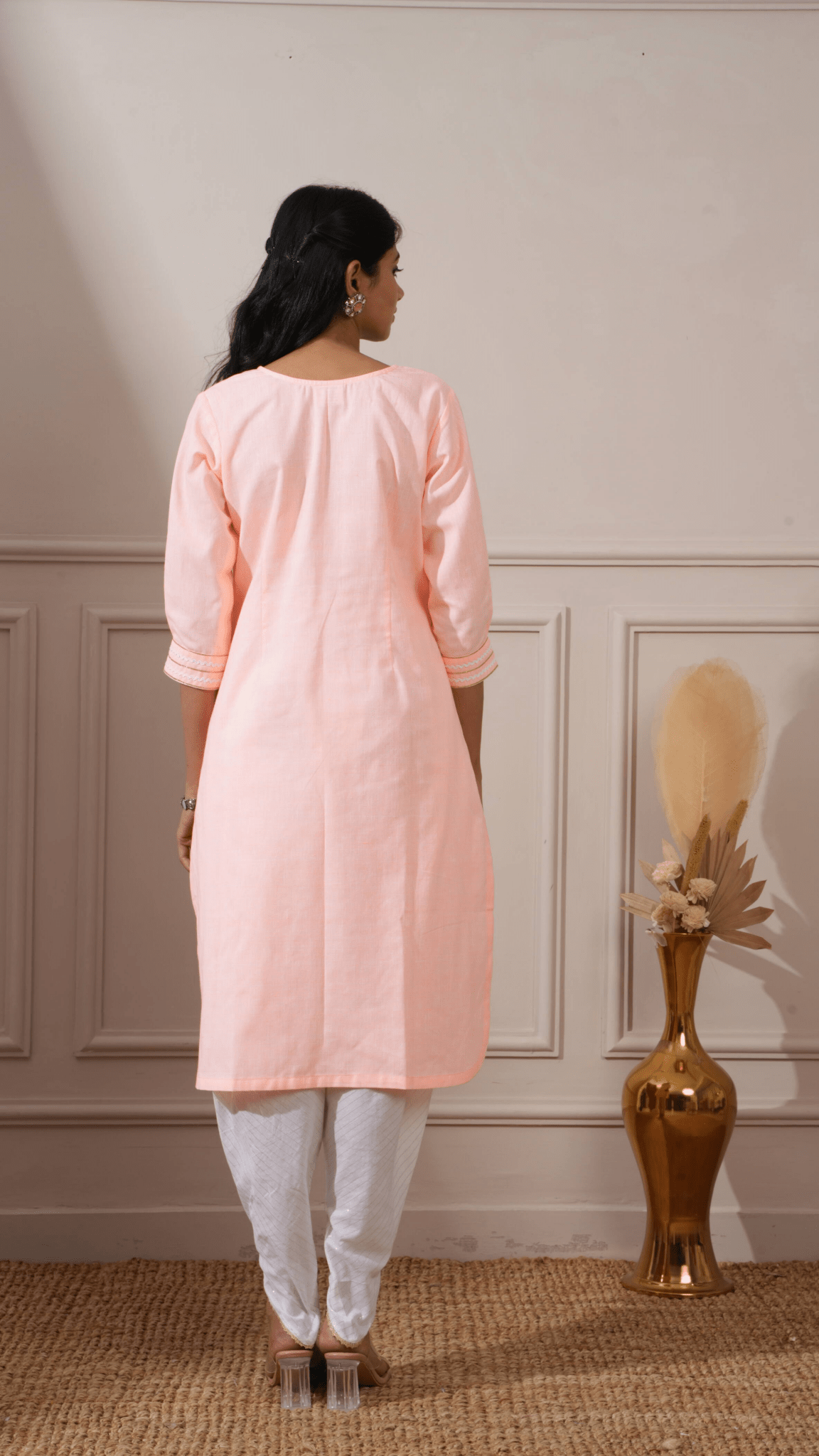 Peach Cotton Straight Kurta & Tulip Pant - Ritivesh By Ritika Aggarwal