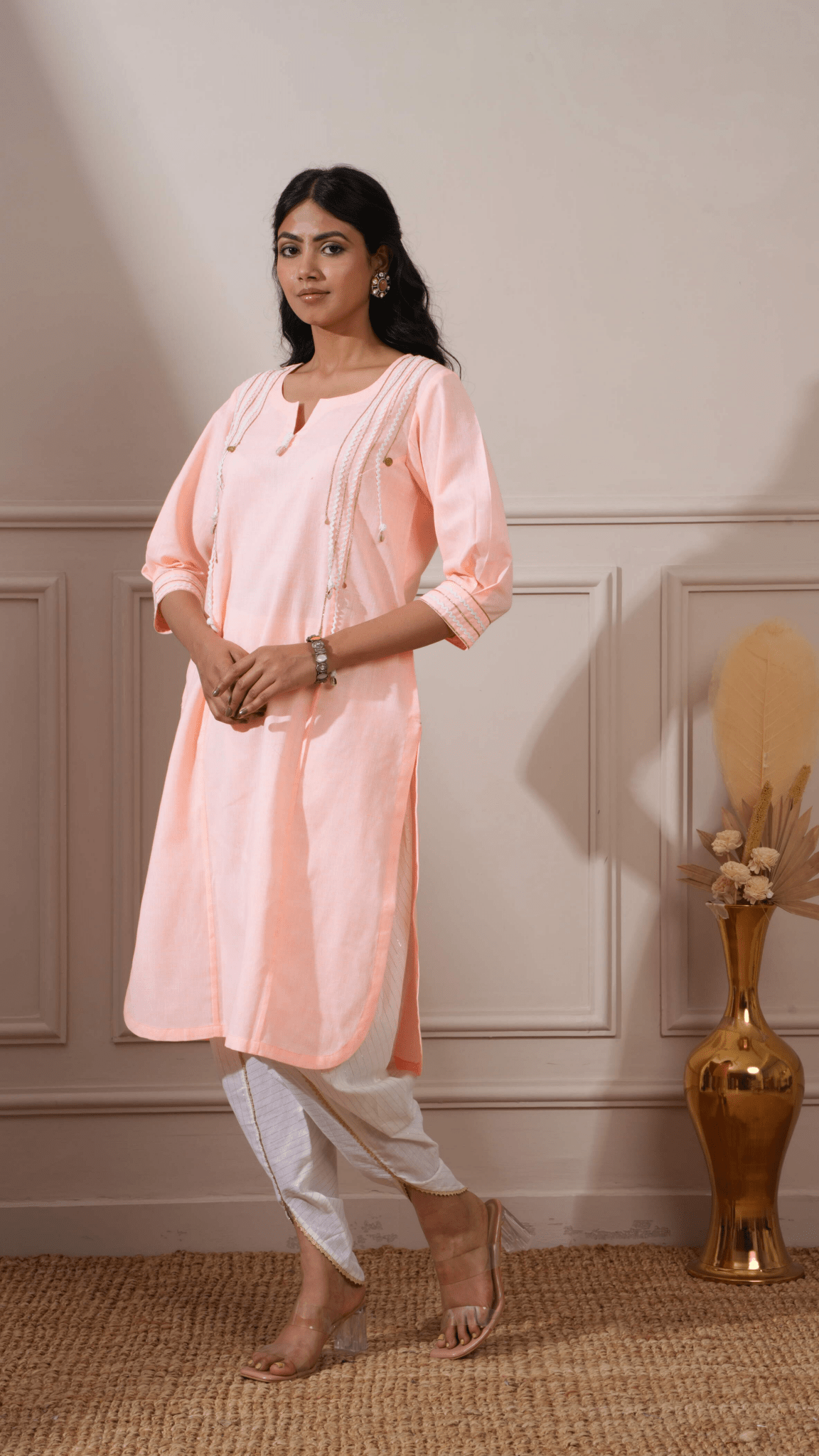 Peach Cotton Straight Kurta & Tulip Pant - Ritivesh By Ritika Aggarwal