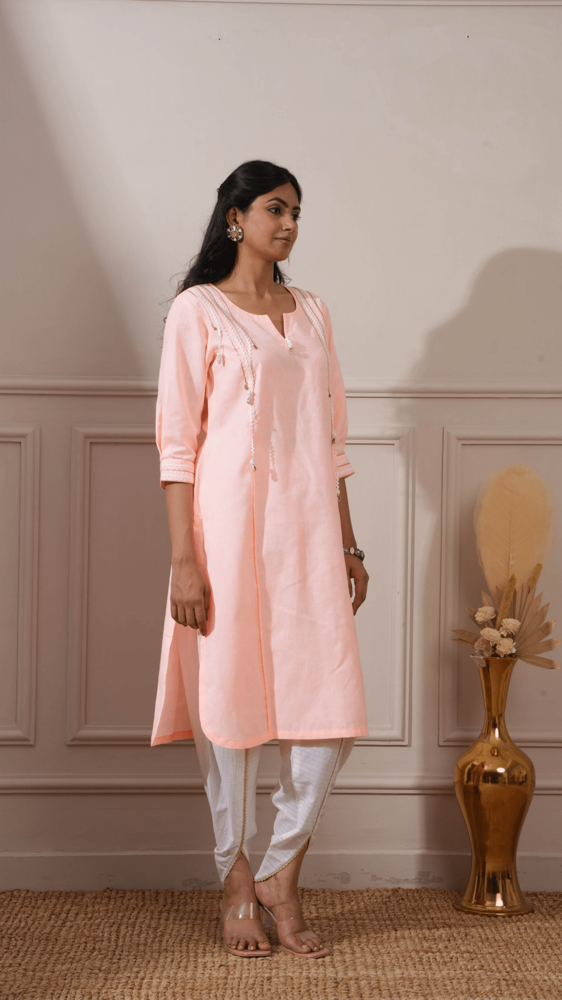 Peach Cotton Straight Kurta & Tulip Pant - Ritivesh By Ritika Aggarwal