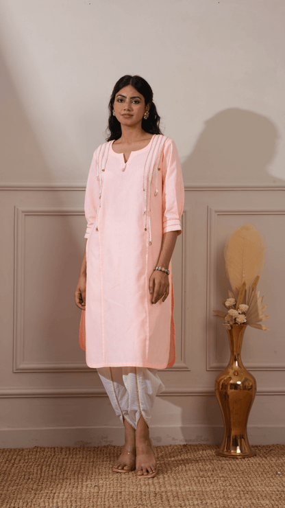 Peach Cotton Straight Kurta & Tulip Pant - Ritivesh By Ritika Aggarwal