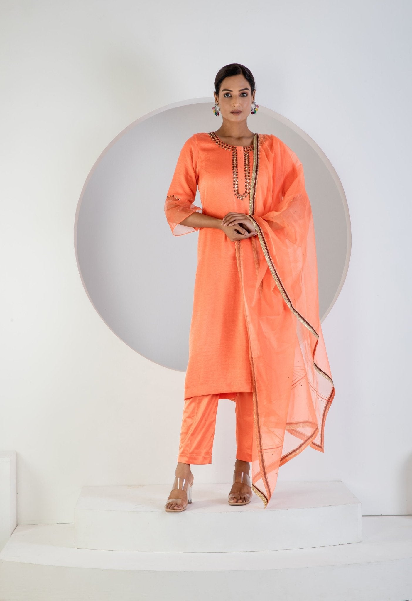 Peach suit with Lycra pant and Dupatta - Ritivesh By Ritika Aggarwal