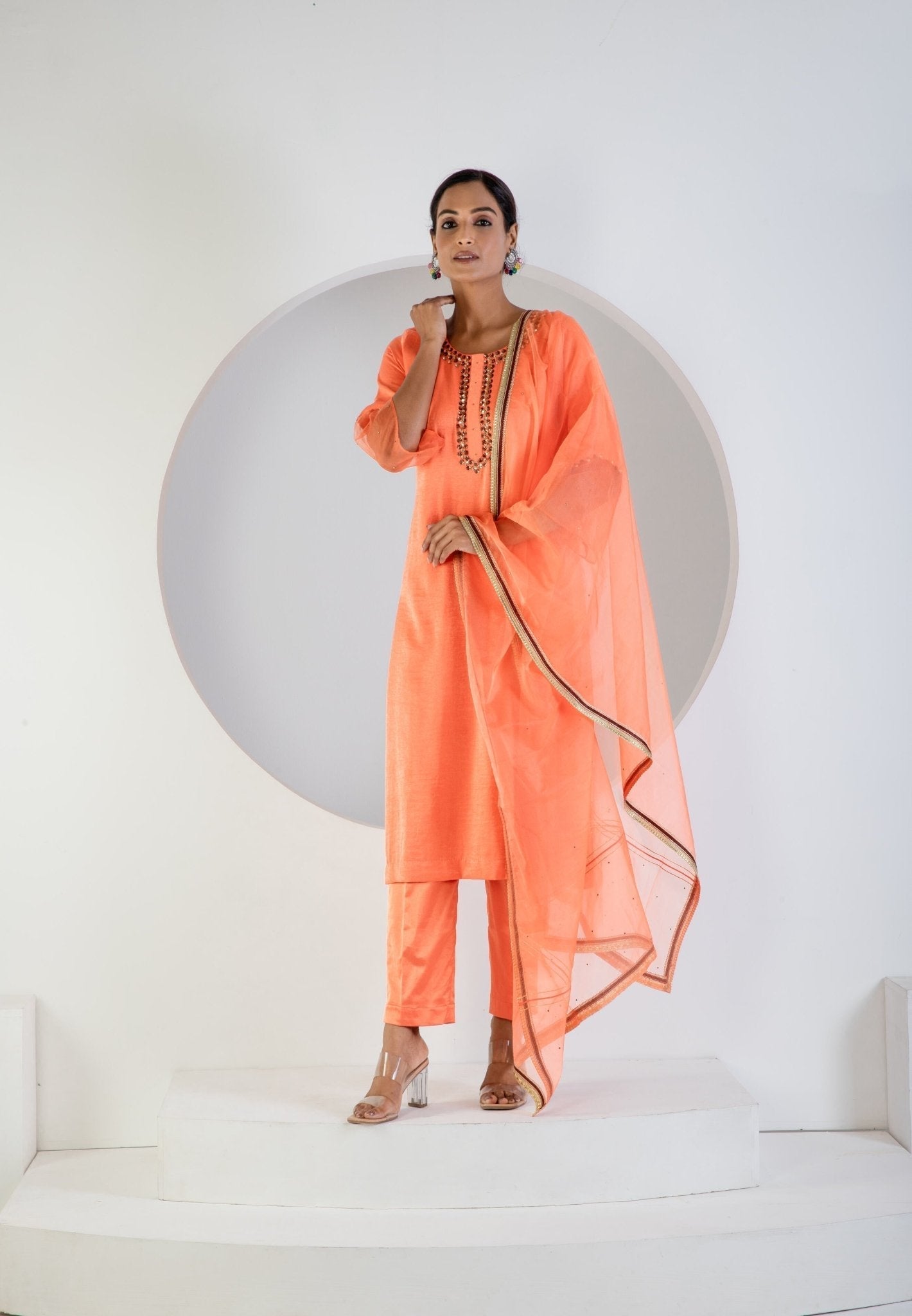 Peach suit with Lycra pant and Dupatta - Ritivesh By Ritika Aggarwal