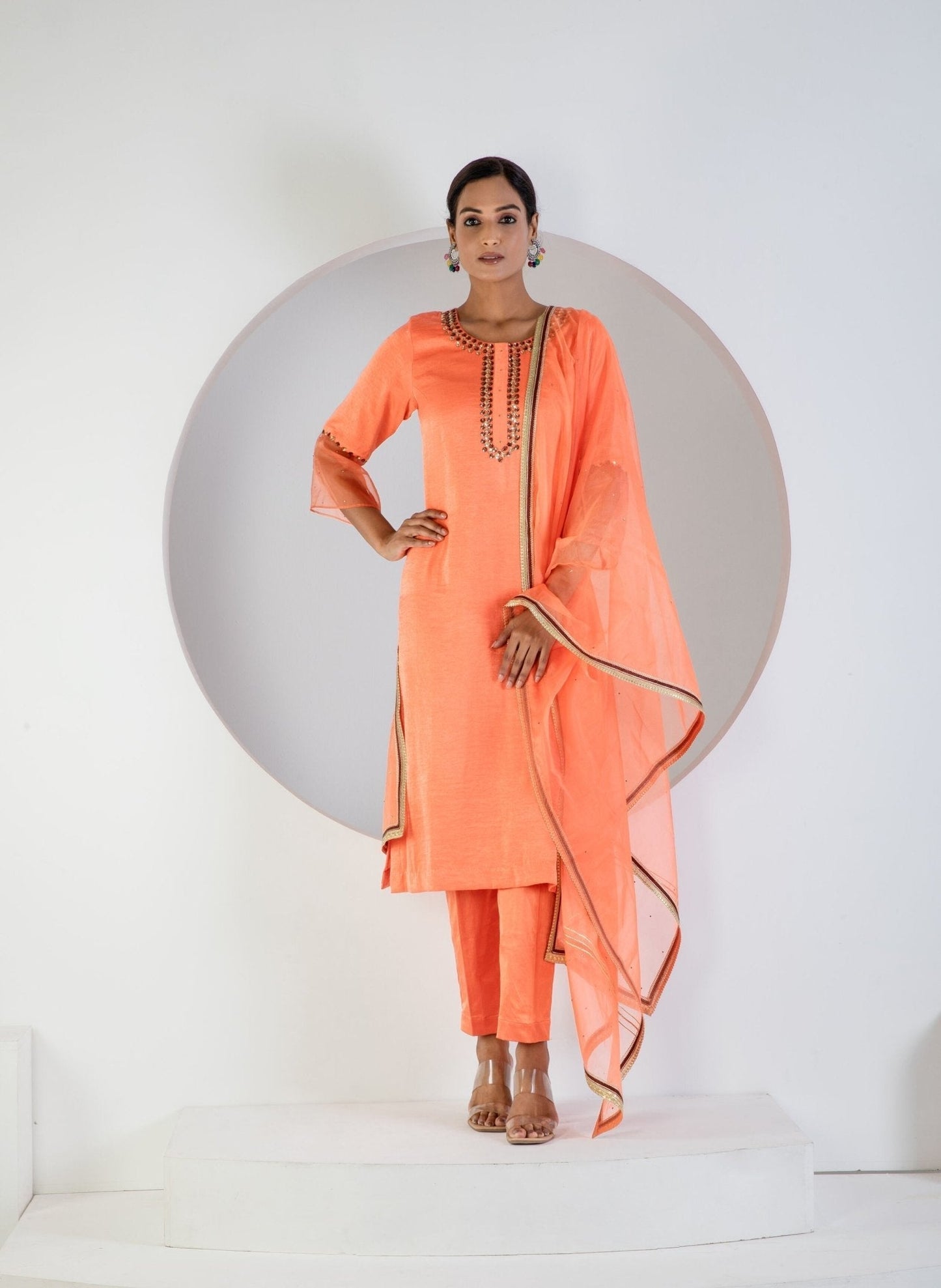 Peach suit with Lycra pant and Dupatta - Ritivesh By Ritika Aggarwal