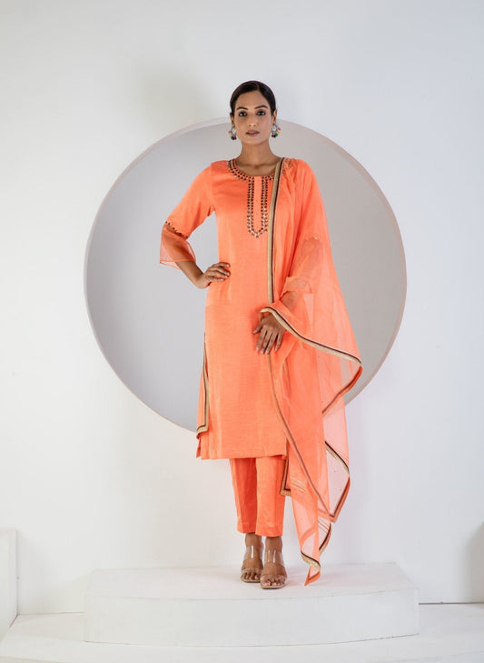Peach suit with Lycra pant and Dupatta - Ritivesh By Ritika Aggarwal