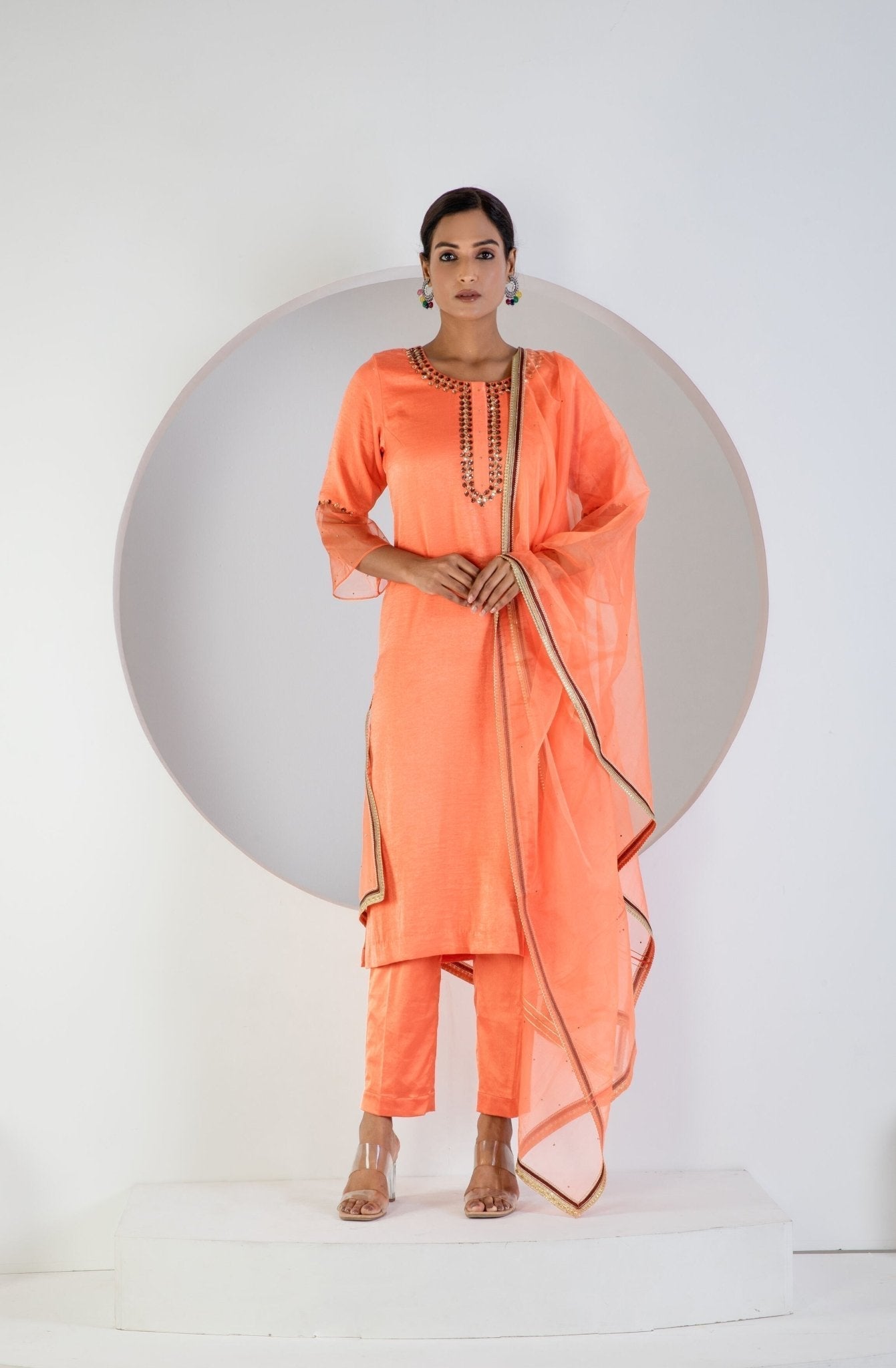 Peach suit with Lycra pant and Dupatta - Ritivesh By Ritika Aggarwal