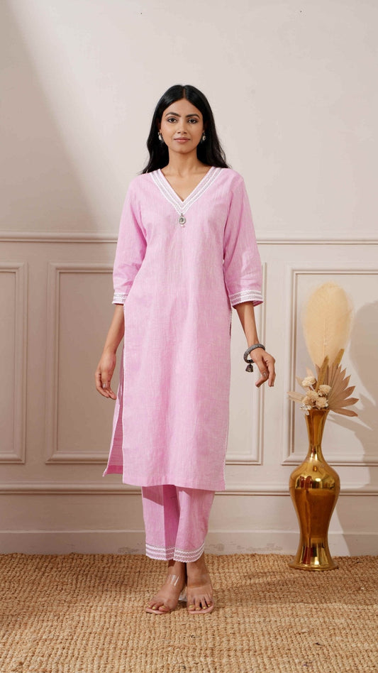 Pink Chicken Cotton Straight Kurta & Pant - Ritivesh By Ritika Aggarwal