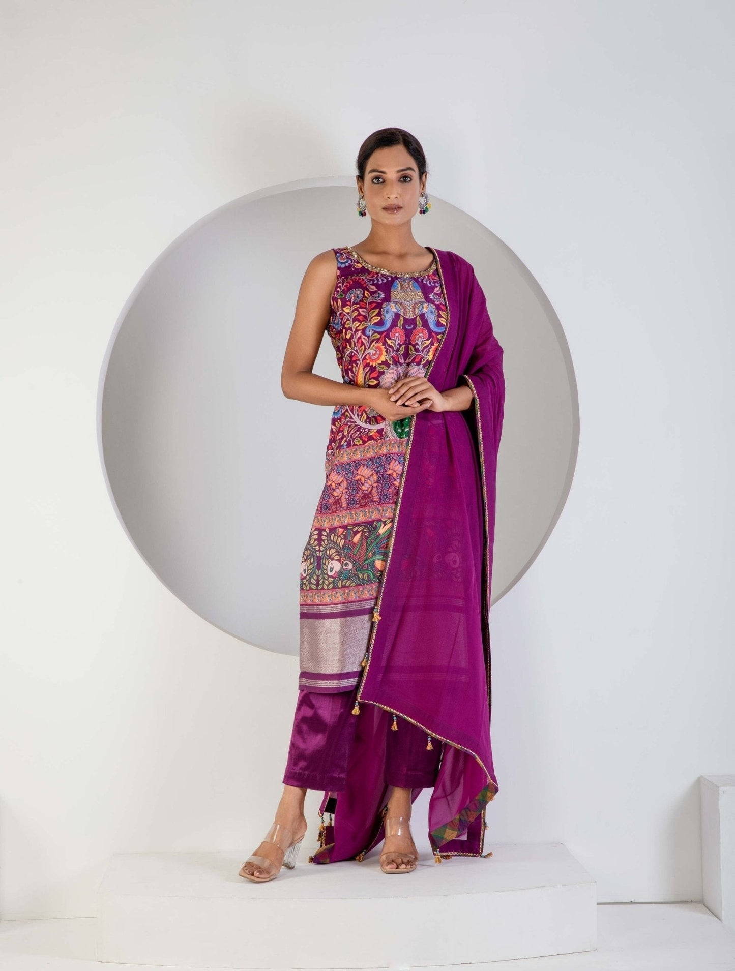 Purple Digital print suit with Lycra pant and Dupatta - Ritivesh By Ritika Aggarwal