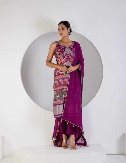 Purple Digital print suit with Lycra pant and Dupatta - Ritivesh By Ritika Aggarwal