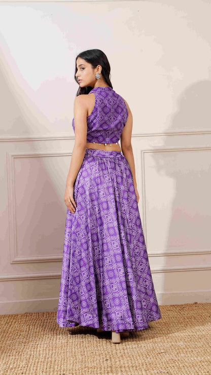 Purple Georgette Bandhej Print Skirt Set - Ritivesh By Ritika Aggarwal