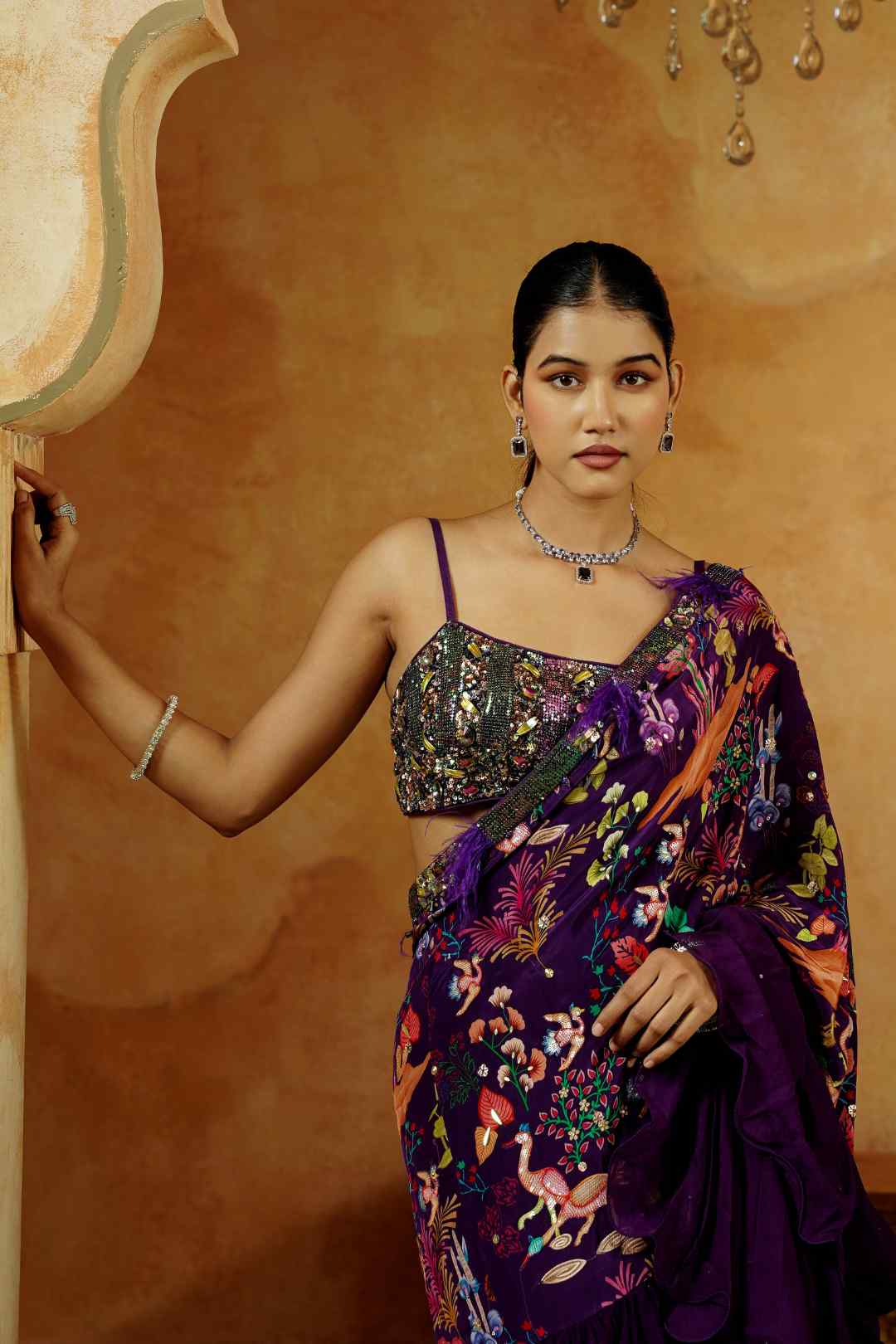 Purple Kalamkari Print Frill Saree set - Ritivesh By Ritika Aggarwal
