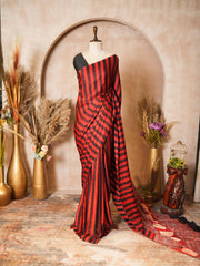 Red & Black Striped Modal Silk Ajrakh Hand Block Print Saree with Blouse Piece - Ritivesh By Ritika Aggarwal