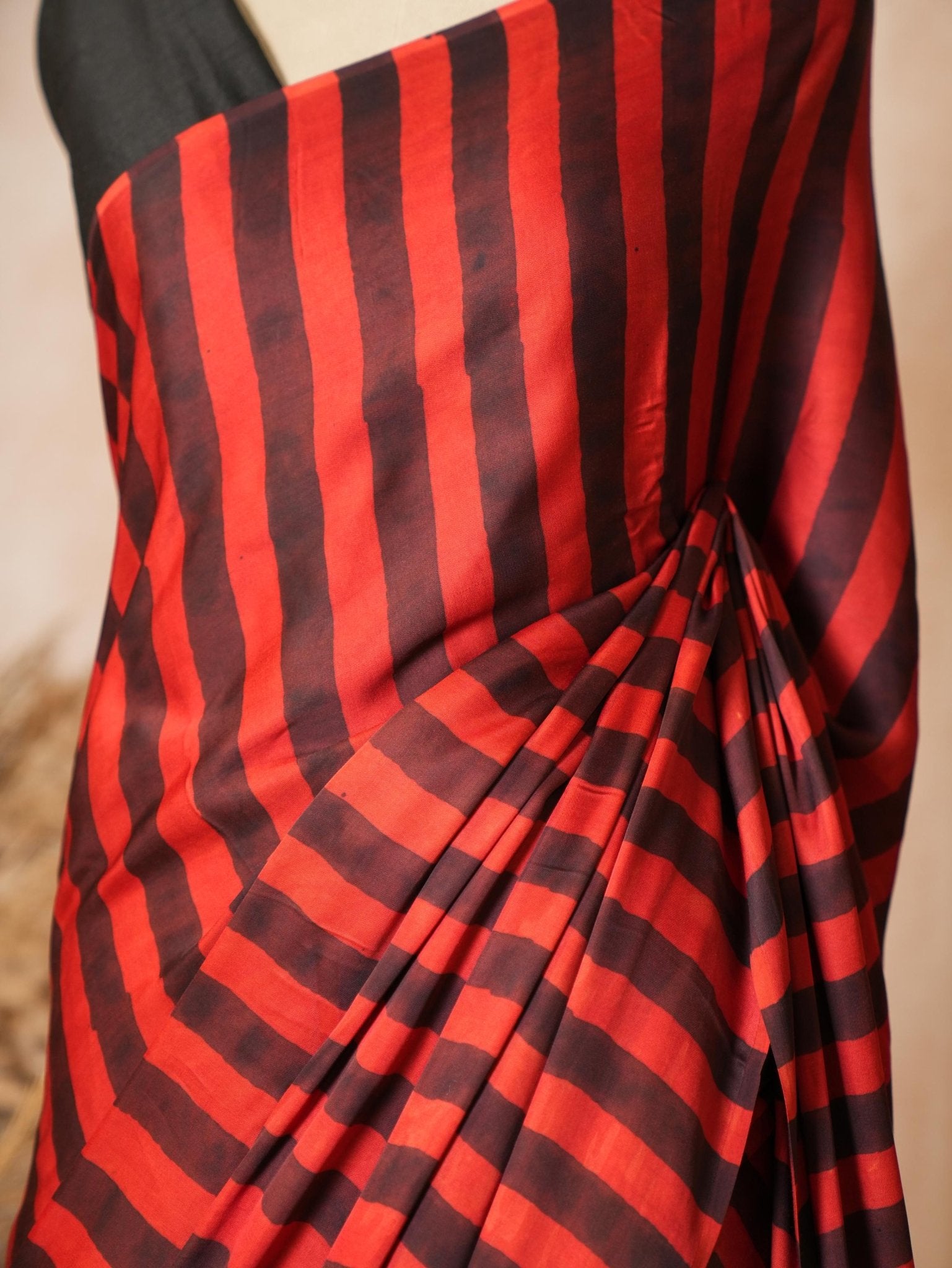 Red & Black Striped Modal Silk Ajrakh Hand Block Print Saree with Blouse Piece - Ritivesh By Ritika Aggarwal
