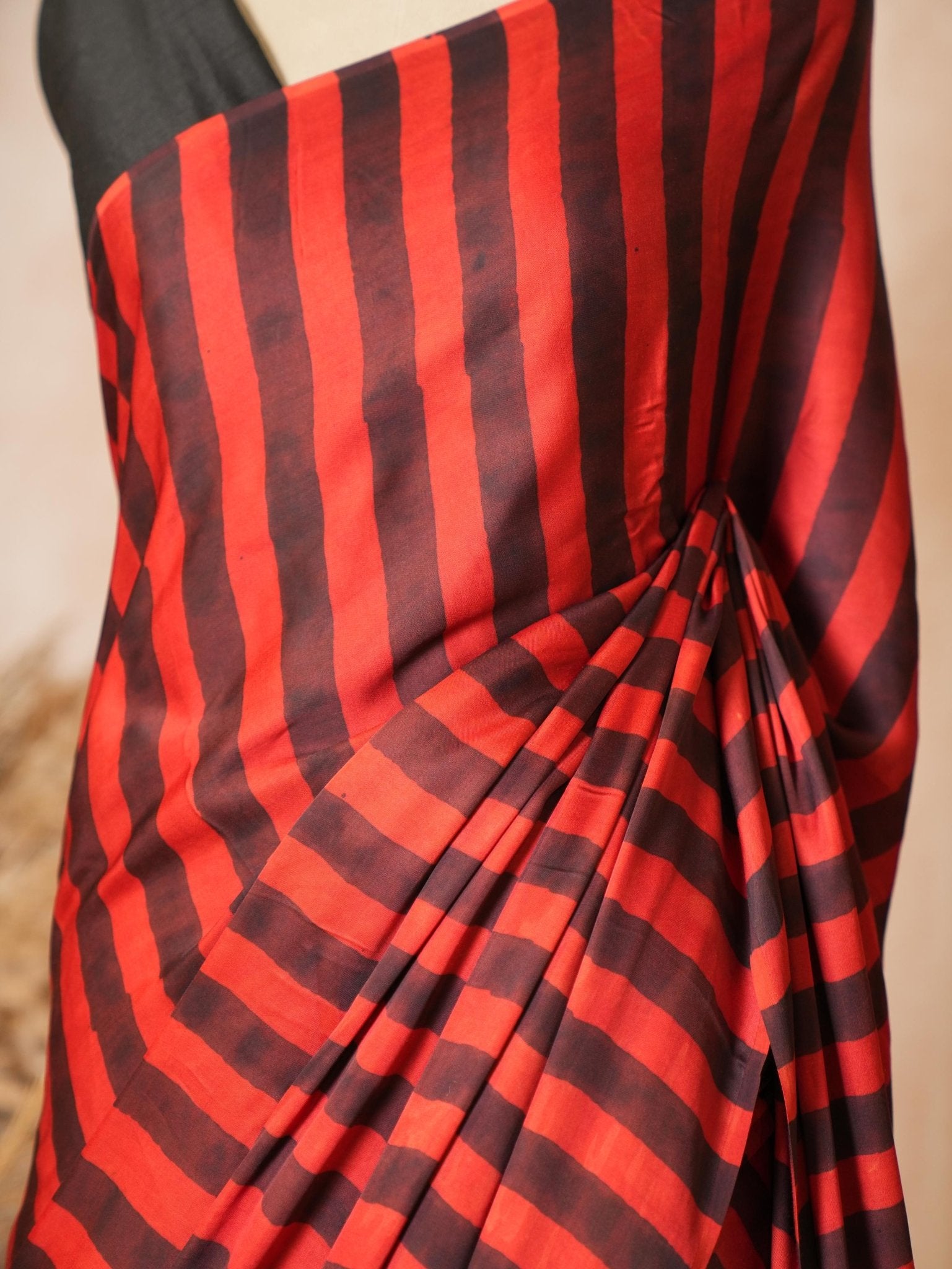 Red & Black Striped Modal Silk Ajrakh Hand Block Print Saree with Blouse Piece - Ritivesh By Ritika Aggarwal