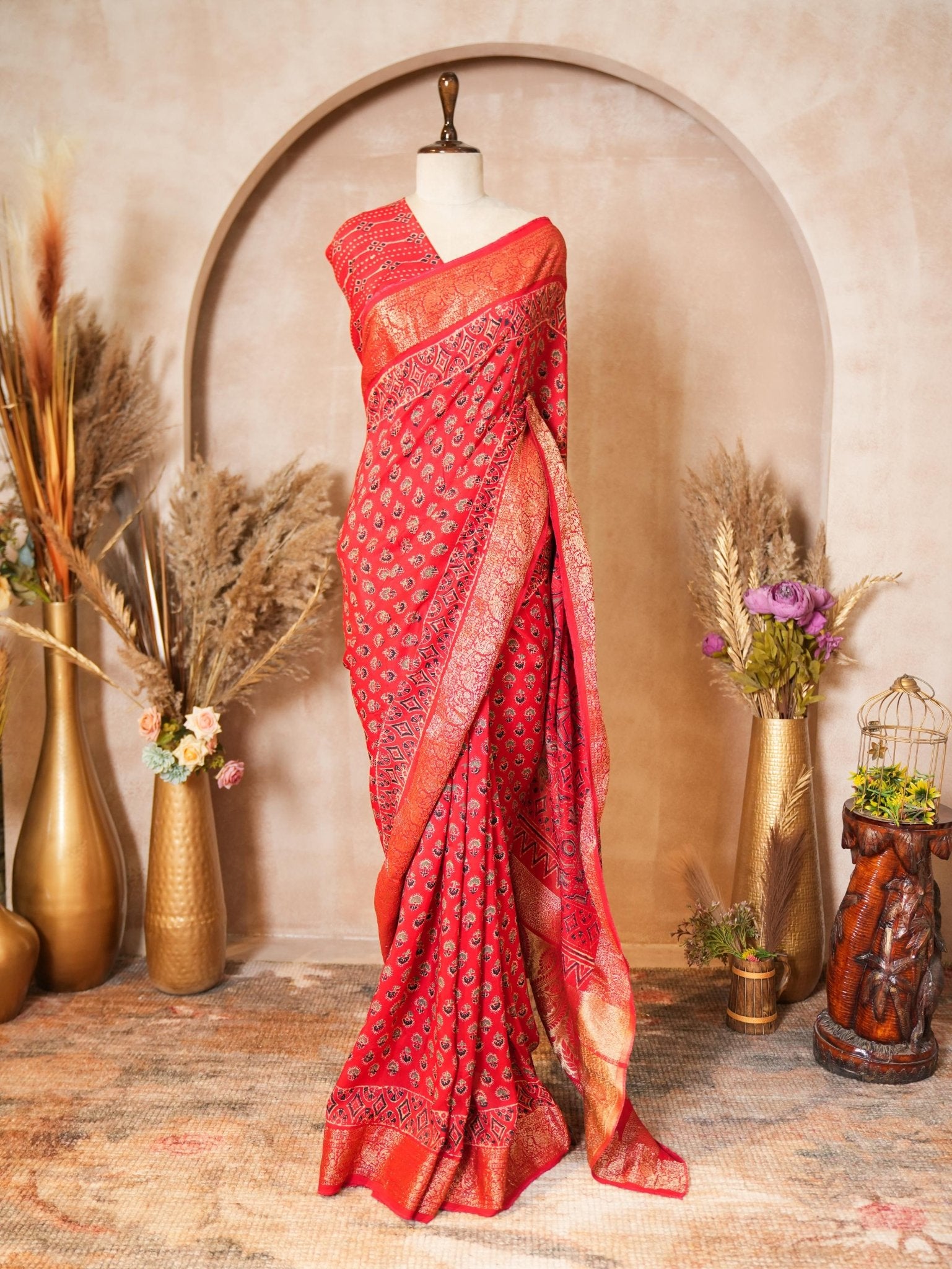Red Gajji Silk Ajrakh Printed Saree with Blouse Piece - Ritivesh By Ritika Aggarwal