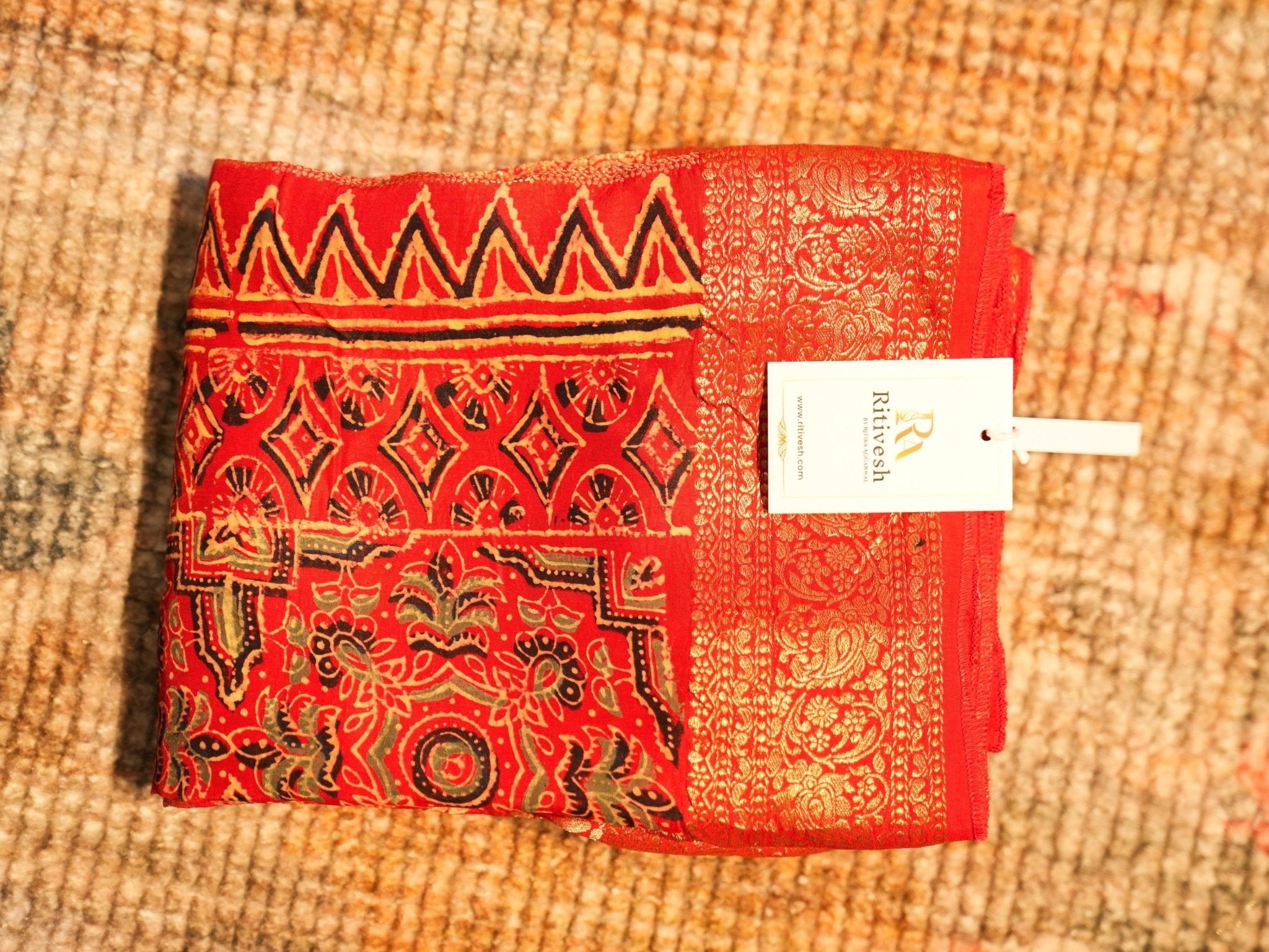 Red Gajji Silk Ajrakh Printed Saree with Blouse Piece - Ritivesh By Ritika Aggarwal