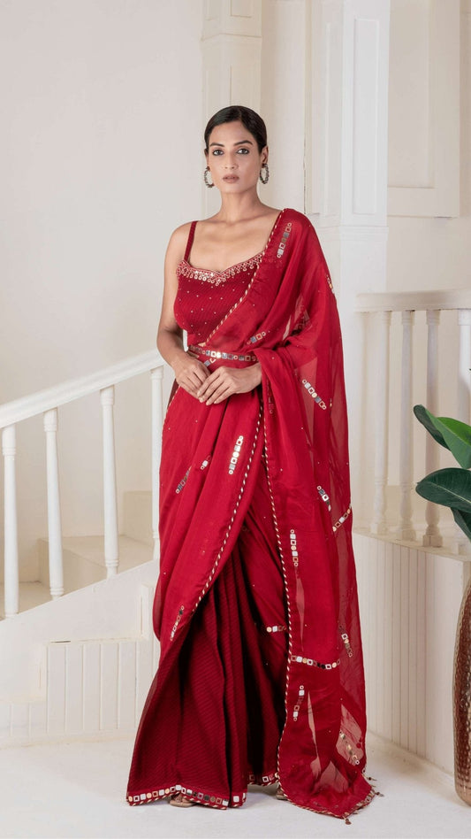 Red saree pre - draped embroidery - Ritivesh By Ritika Aggarwal