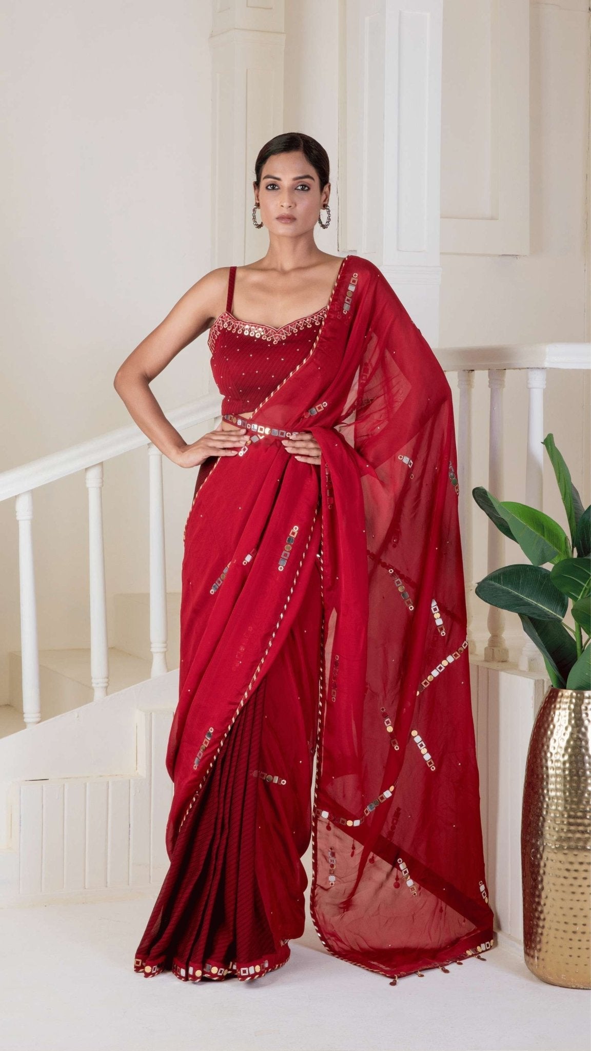 Red saree pre - draped embroidery - Ritivesh By Ritika Aggarwal