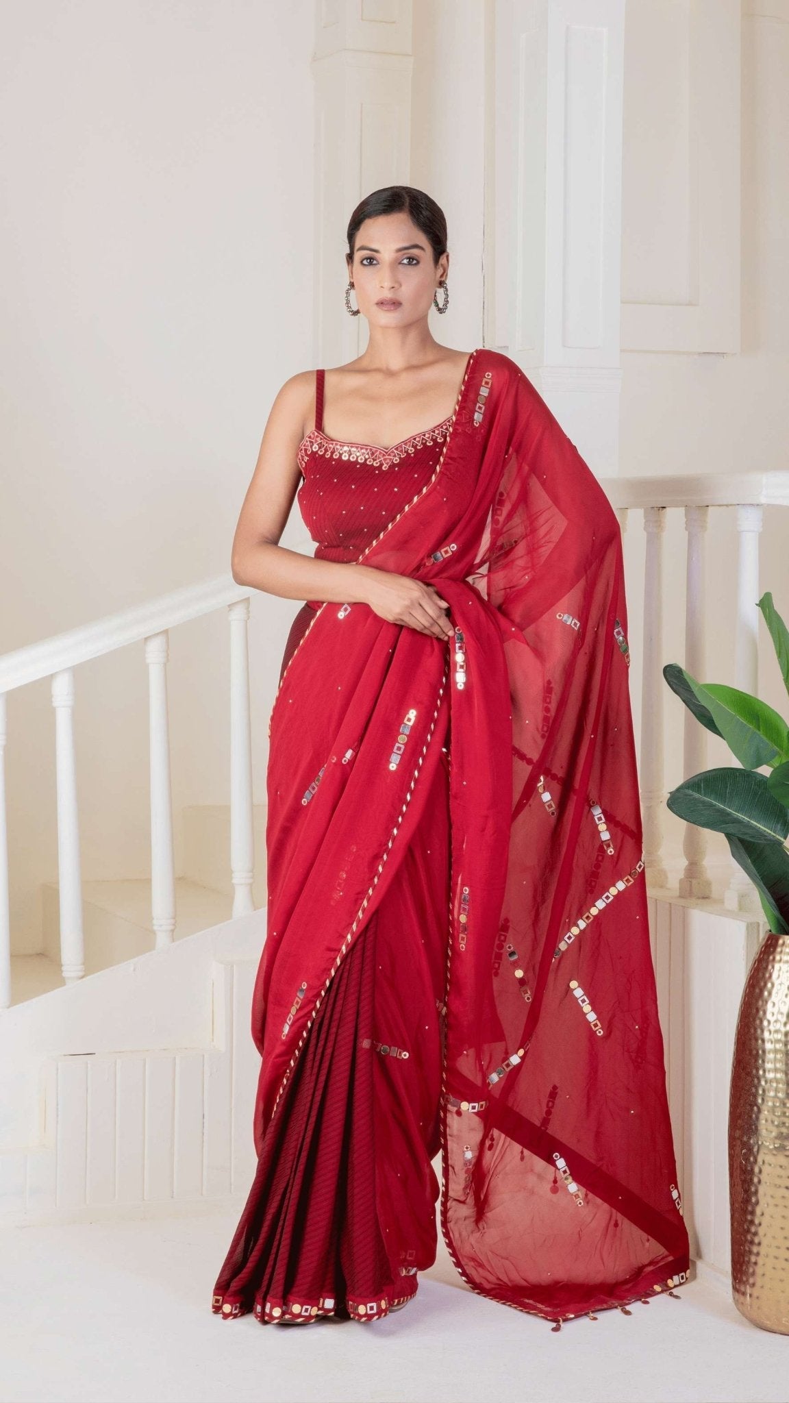 Red saree pre - draped embroidery - Ritivesh By Ritika Aggarwal