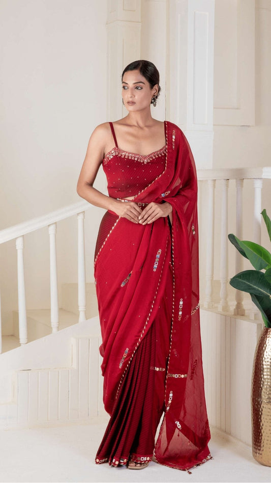 Red saree pre - draped embroidery - Ritivesh By Ritika Aggarwal