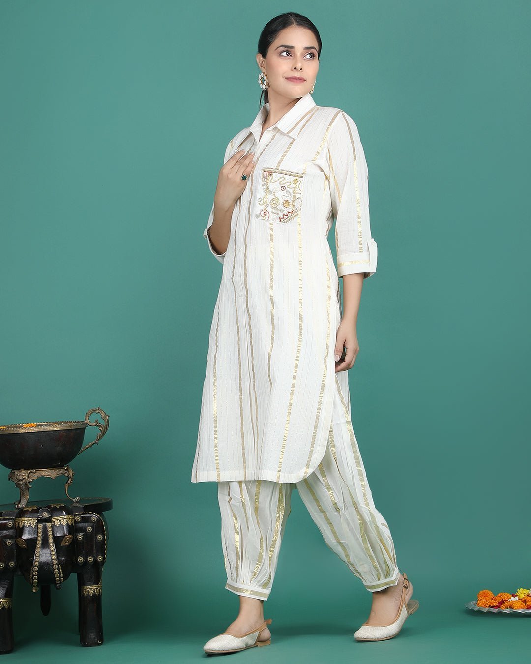ROSHAN | Cotton golden striped Kurta - Ritivesh By Ritika Aggarwal