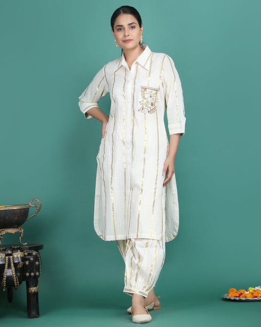 ROSHAN | Cotton golden striped Kurta - Ritivesh By Ritika Aggarwal