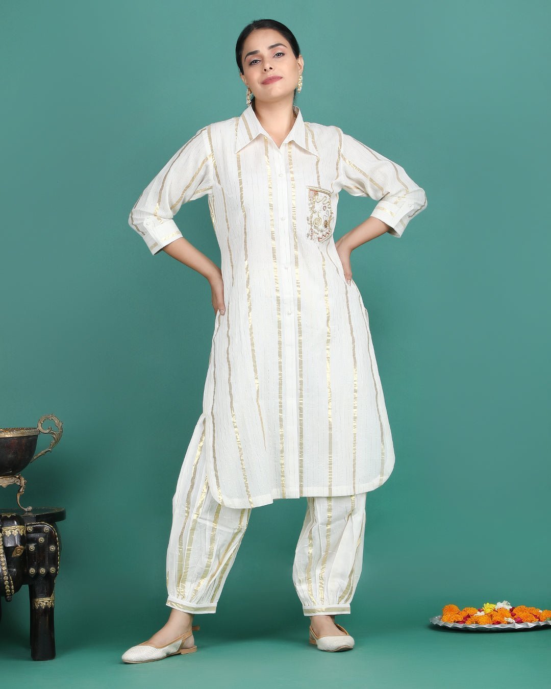 ROSHAN | Cotton golden striped Kurta - Ritivesh By Ritika Aggarwal