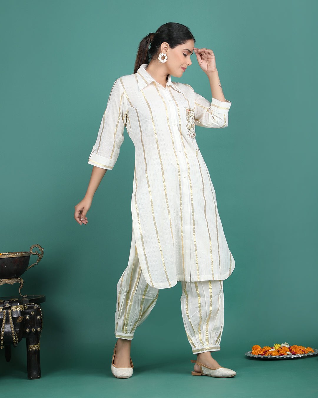 ROSHAN | Cotton golden striped Kurta - Ritivesh By Ritika Aggarwal