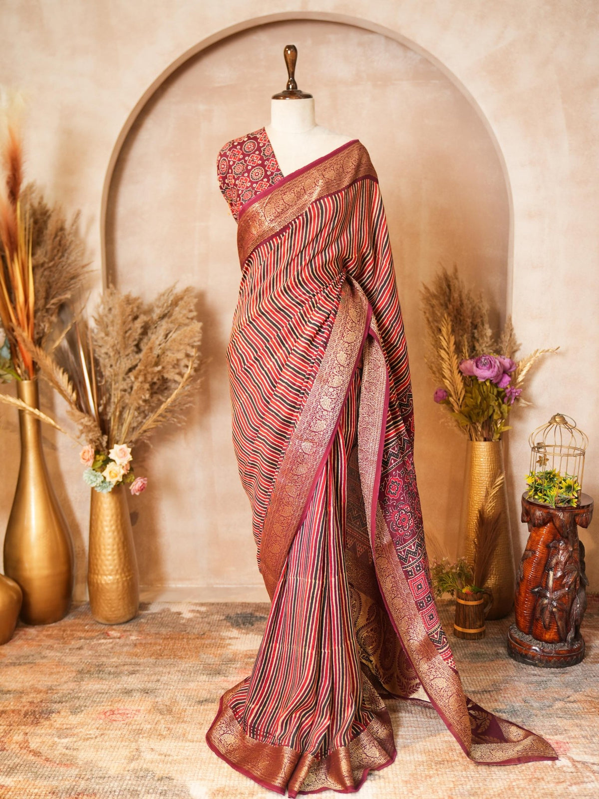 Rust Ajrakh Print Gajji Silk Saree with Blouse Piece - Ritivesh By Ritika Aggarwal