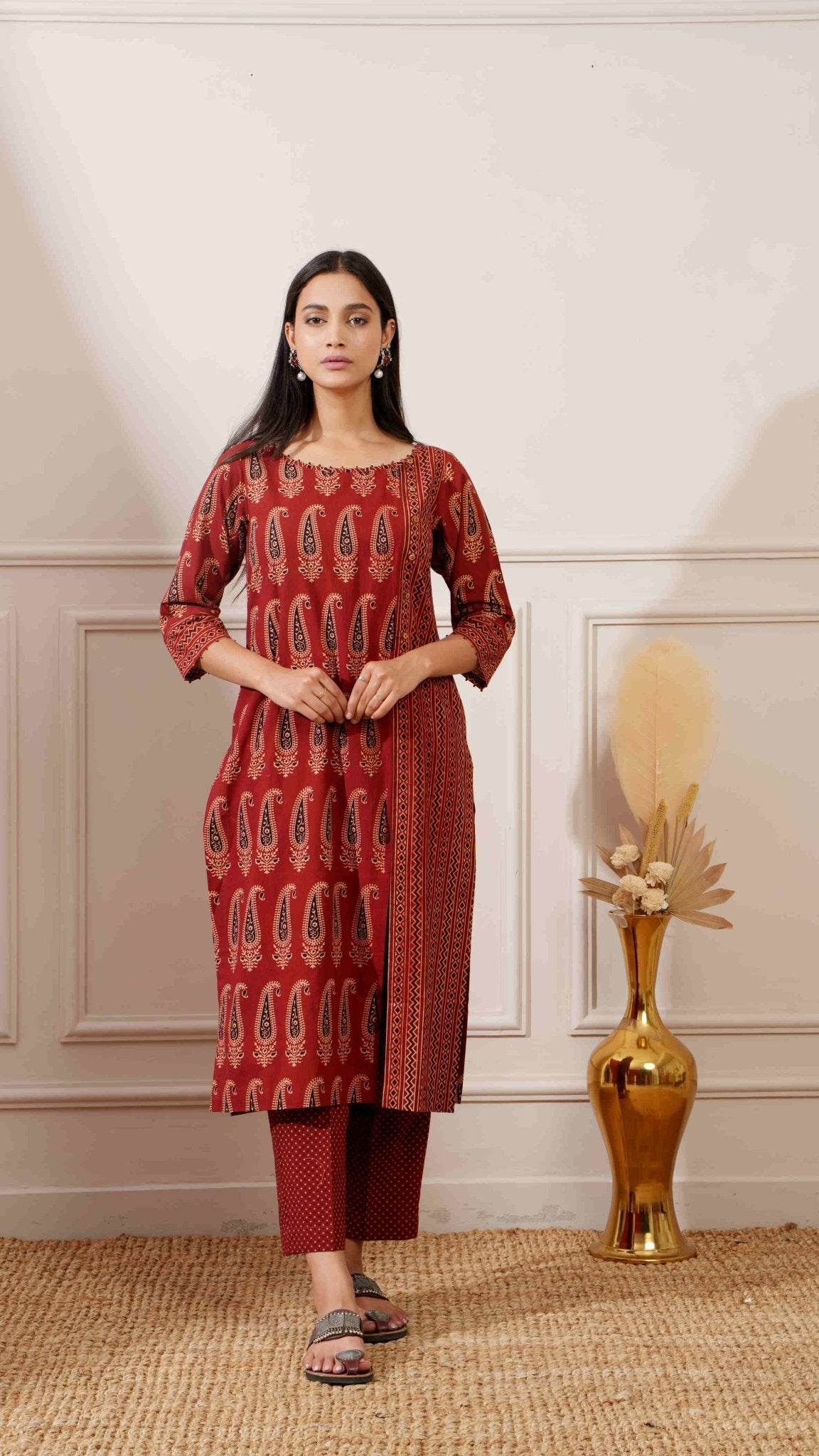 Rust Bagru Print Cotton Straight Kurta & Pant - Ritivesh By Ritika Aggarwal
