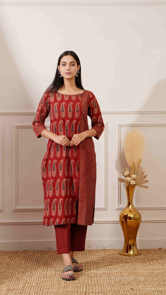 Rust Bagru Print Cotton Straight Kurta & Pant - Ritivesh By Ritika Aggarwal
