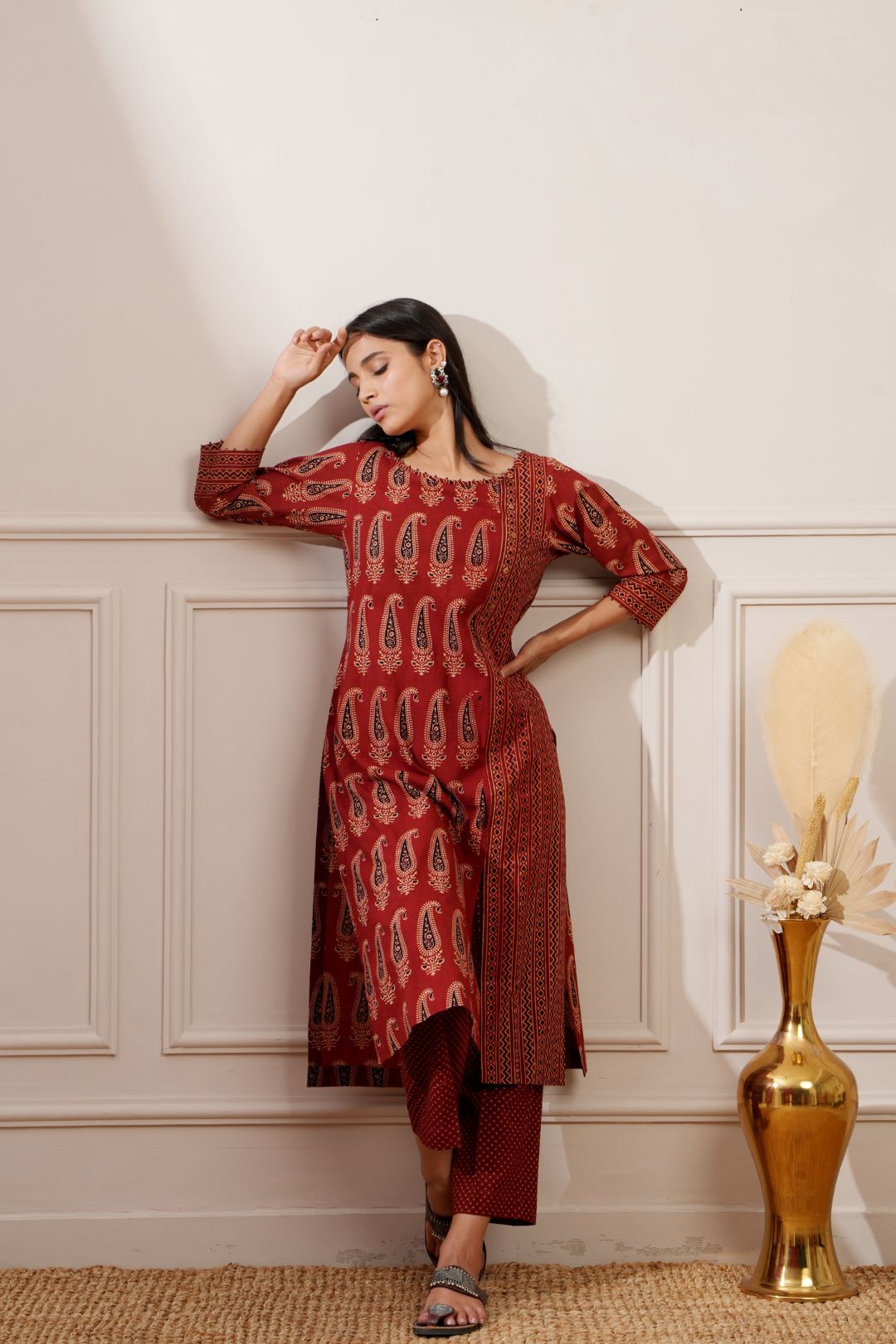 Rust Bagru Print Cotton Straight Kurta & Pant - Ritivesh By Ritika Aggarwal