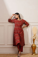 Rust Bagru Print Cotton Straight Kurta & Pant - Ritivesh By Ritika Aggarwal