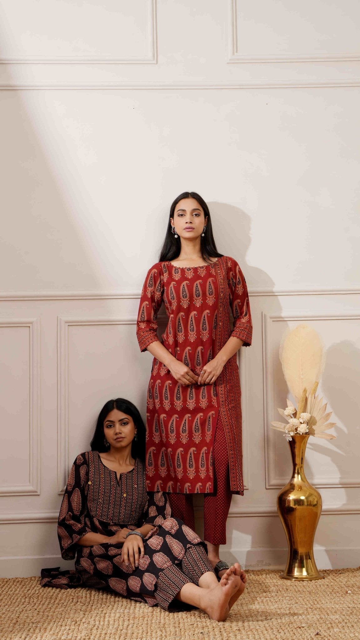 Rust Bagru Print Cotton Straight Kurta & Pant - Ritivesh By Ritika Aggarwal