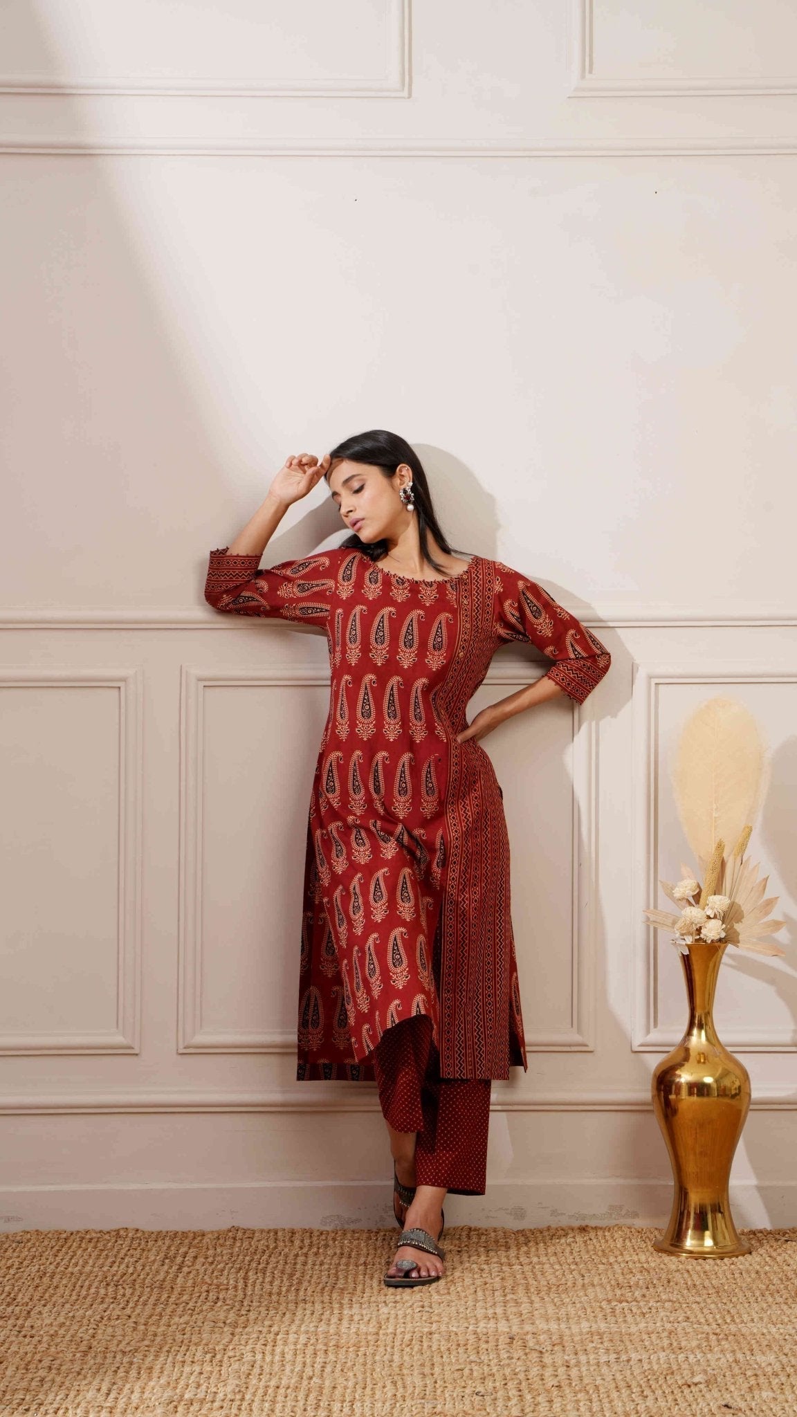 Rust Bagru Print Cotton Straight Kurta & Pant - Ritivesh By Ritika Aggarwal