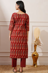 Rust Bagru Print Cotton Straight Kurta & Pant - Ritivesh By Ritika Aggarwal