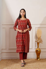 Rust Bagru Print Cotton Straight Kurta & Pant - Ritivesh By Ritika Aggarwal