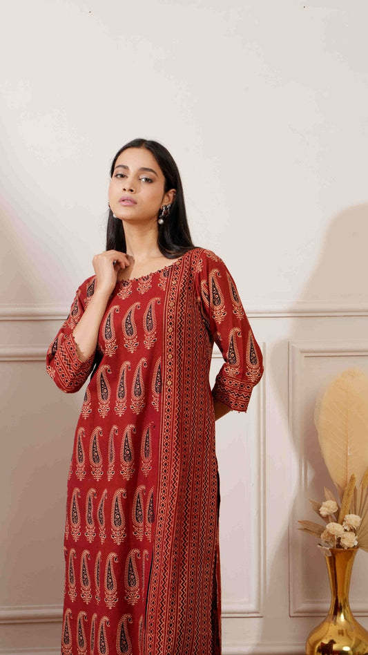 Rust Bagru Print Cotton Straight Kurta & Pant - Ritivesh By Ritika Aggarwal