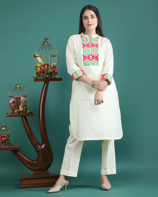 SAVERA | Lemon Cotton Kurta Pant with Lace - Ritivesh By Ritika Aggarwal