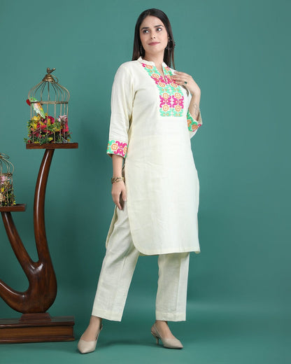 SAVERA | Lemon Cotton Kurta Pant with Lace - Ritivesh By Ritika Aggarwal