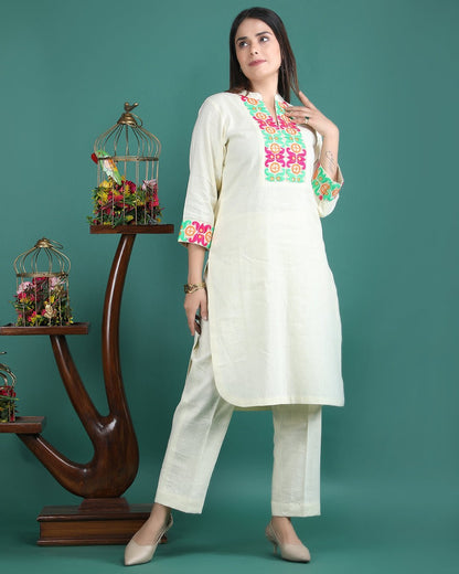SAVERA | Lemon Cotton Kurta Pant with Lace - Ritivesh By Ritika Aggarwal
