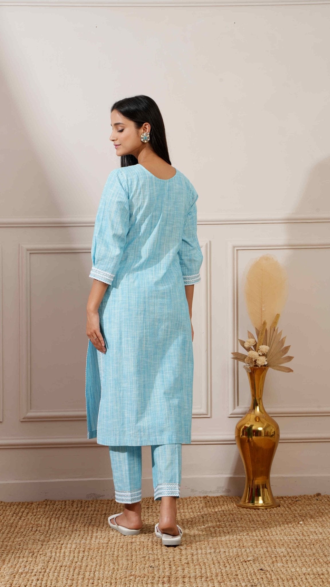 Sea Blue Chicken Cotton Straight Kurta & Pant - Ritivesh By Ritika Aggarwal