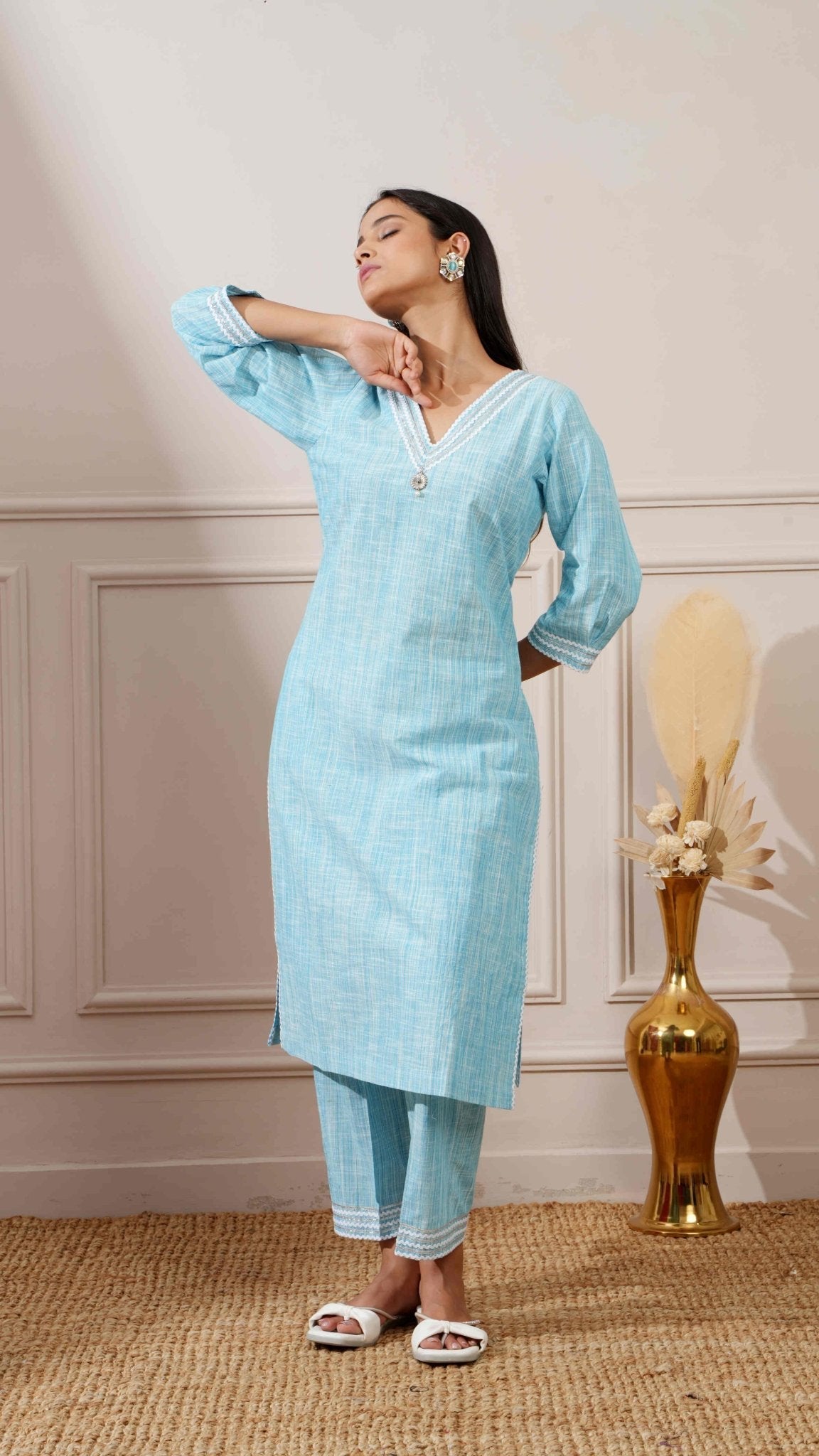 Sea Blue Chicken Cotton Straight Kurta & Pant - Ritivesh By Ritika Aggarwal