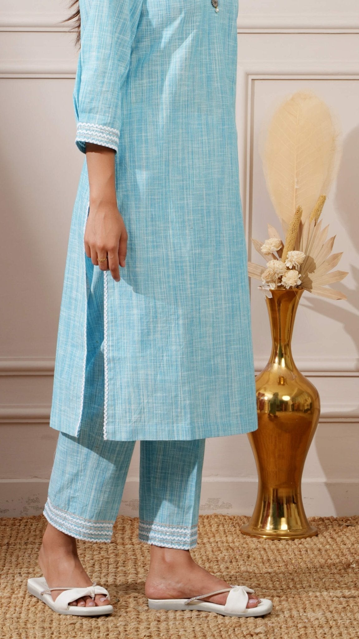 Sea Blue Chicken Cotton Straight Kurta & Pant - Ritivesh By Ritika Aggarwal